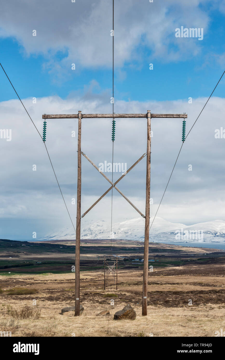Electricity transmission lines in northern Iceland Stock Photo