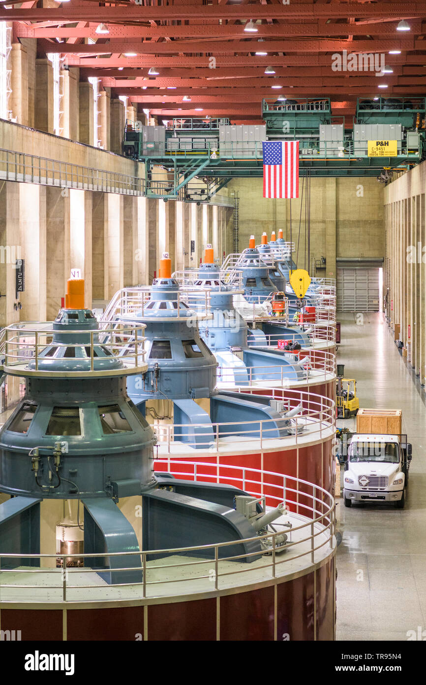 HOOVER DAM, ARIZONA - MAY 12, 2019: Generators of the Hoover Dam Power Plant. The structure was completed in 1933 amidst the Great Depression. Stock Photo