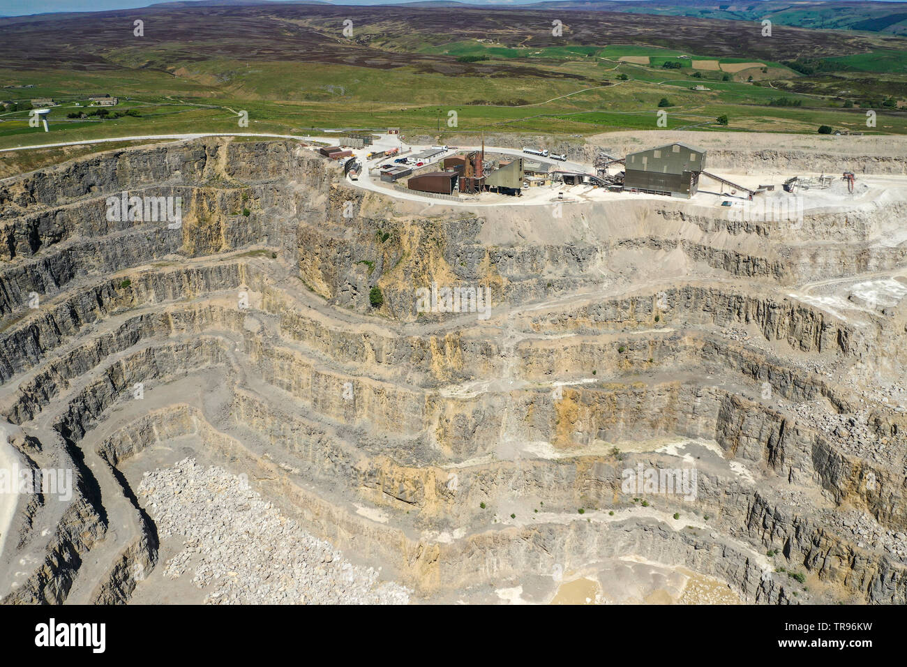 An aerial view of Hansons Coldstones quarry and buildings, Pateley Bridge, Yorkshire Stock Photo