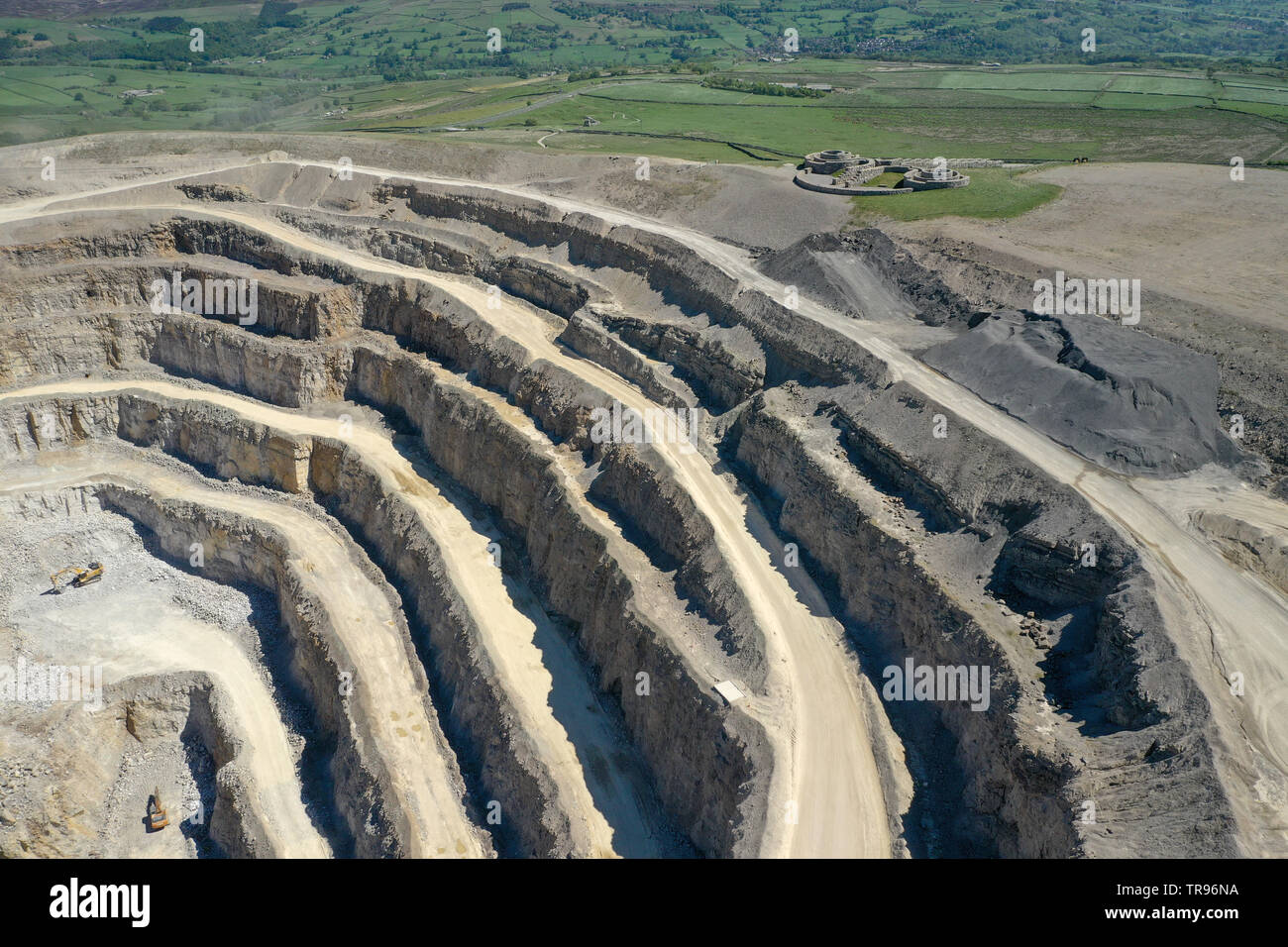 An aerial view of Hansons Coldstones quarry with the Coldstones Cut in the background, Pateley Bridge, Yorkshire Stock Photo