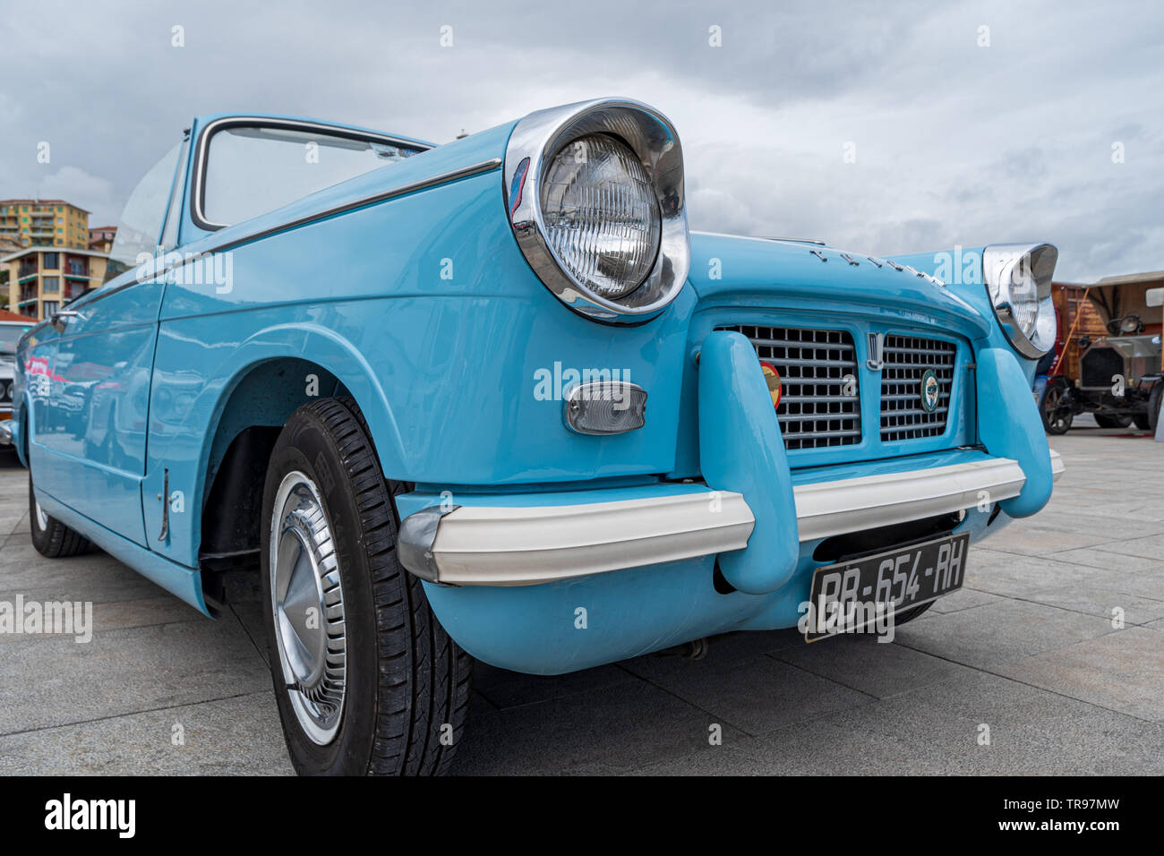 Close up detail of Triumph Herald 1200 Convertible parked in a street in Imperia during raid of vintage cars Stock Photo