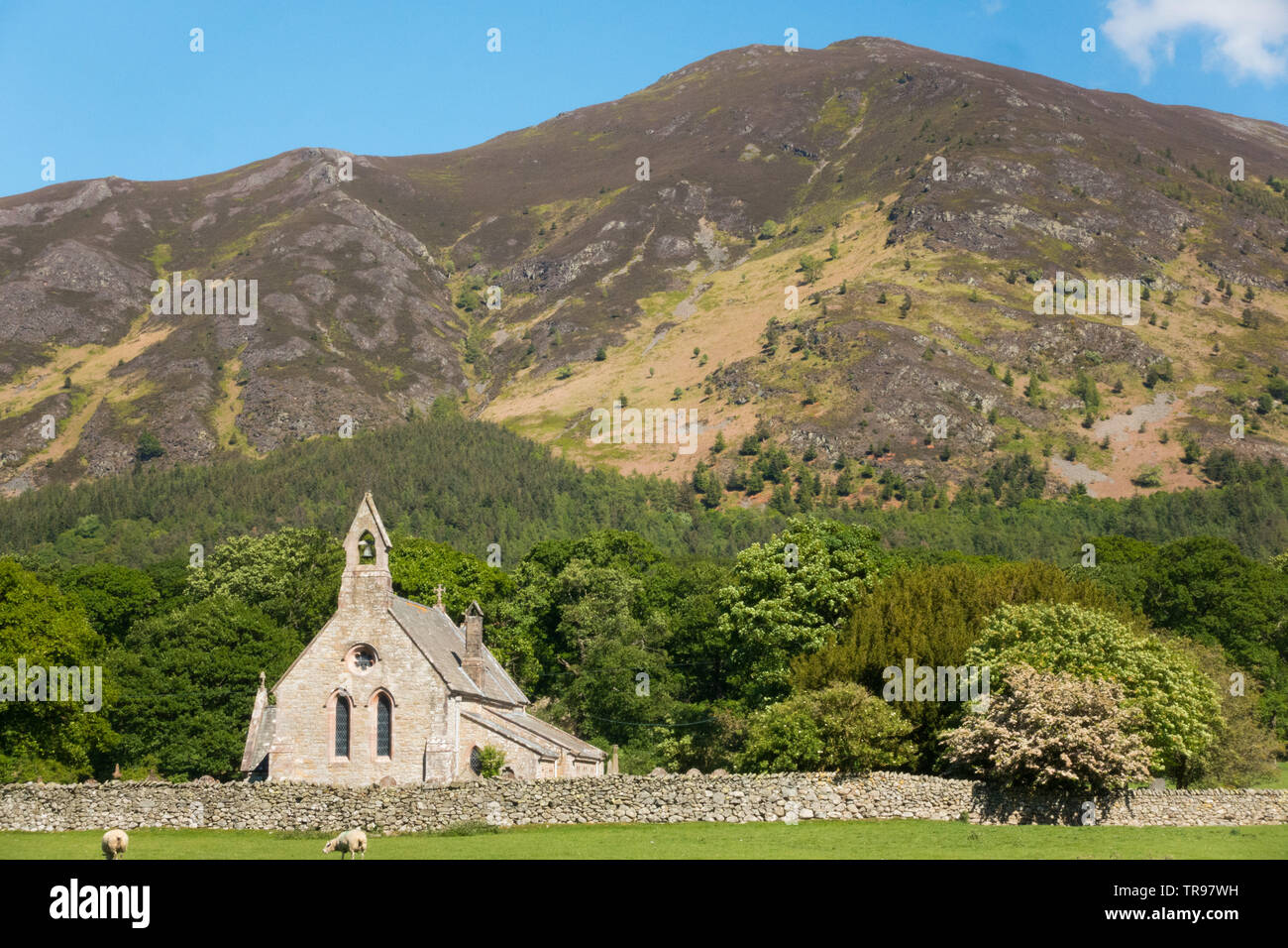 St Bega's Chapel on the shores of Bassenthwite Lake with Skiddaw in the background (part10th/11th century).  UK Lake district. Stock Photo