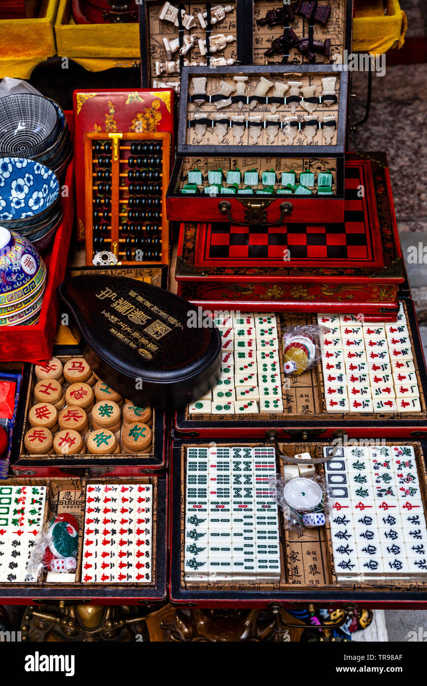 Colourful Chinese Board Games At A Bric-a-Brac Market, Tung Street, Hong Kong, China Stock Photo