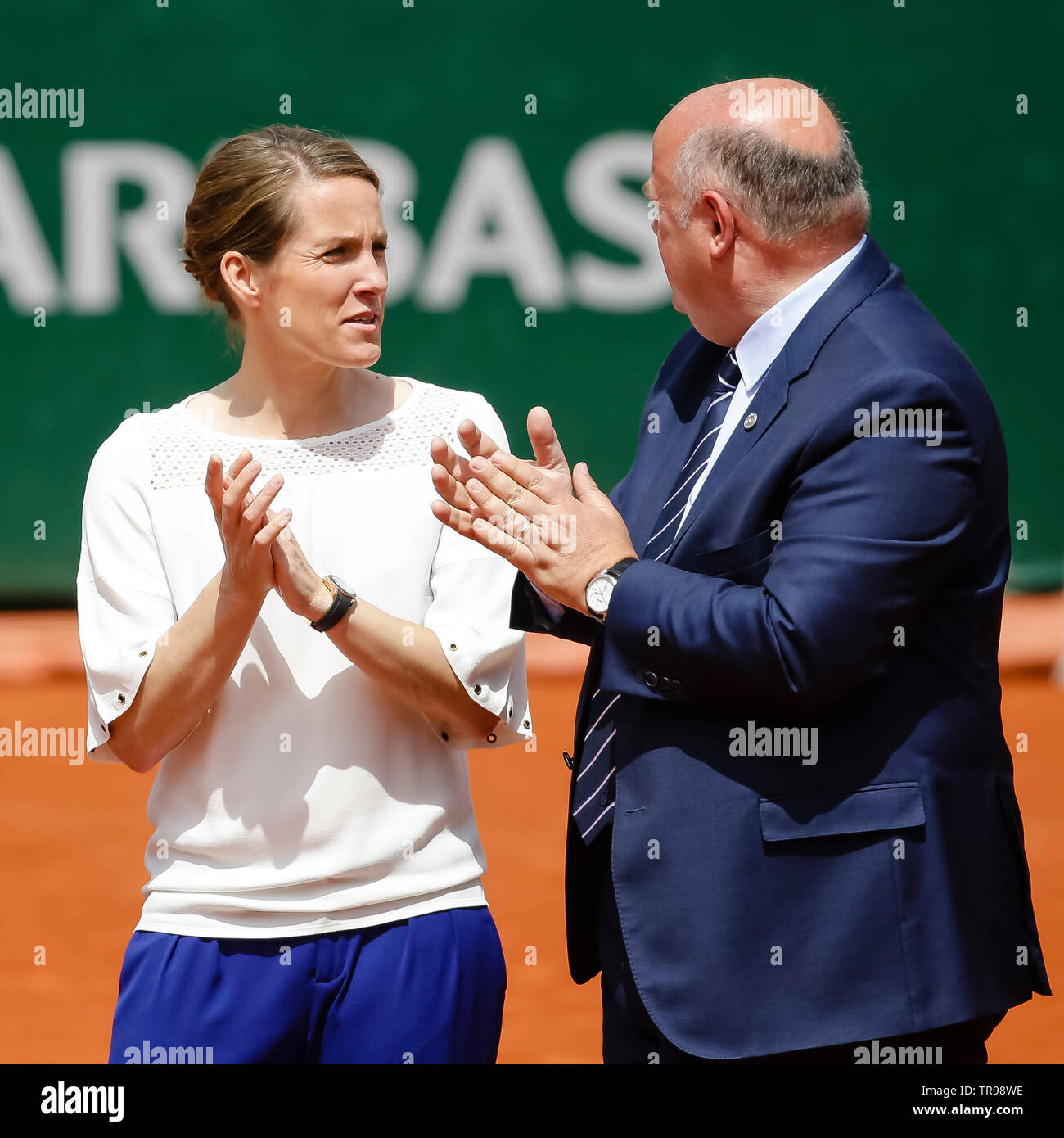 Paris, France. 31th May, 2019. Justine Henin (l) from Belgium stands next to FFT President, Bernard Giudicelli, at the 2019 French Open Grand Slam tennis tournament in Roland Garros, Paris, France. Frank Molter/Alamy Live news Stock Photo