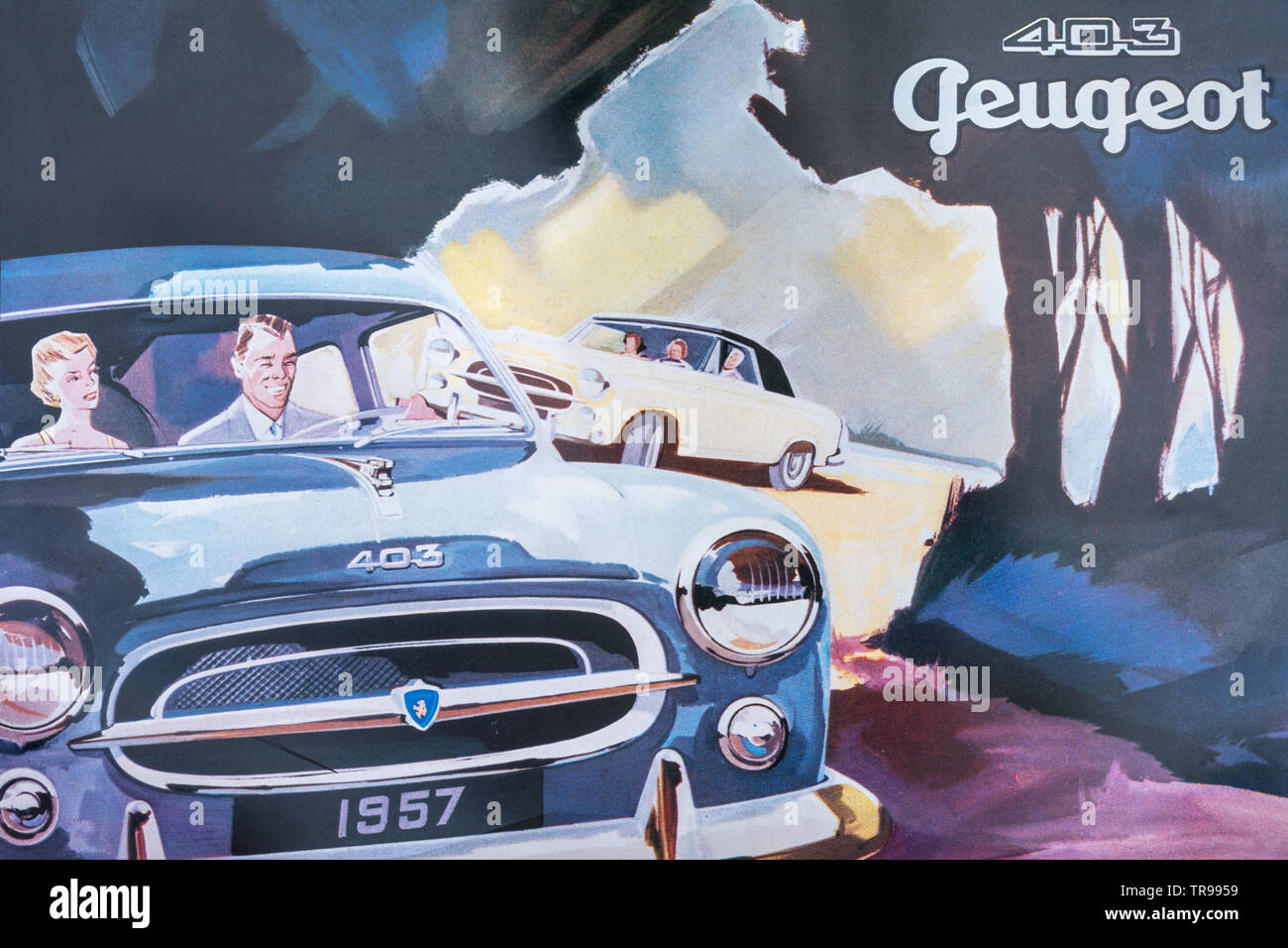 Original vintage car advertising poster for the classic Peugeot model 403 Stock Photo