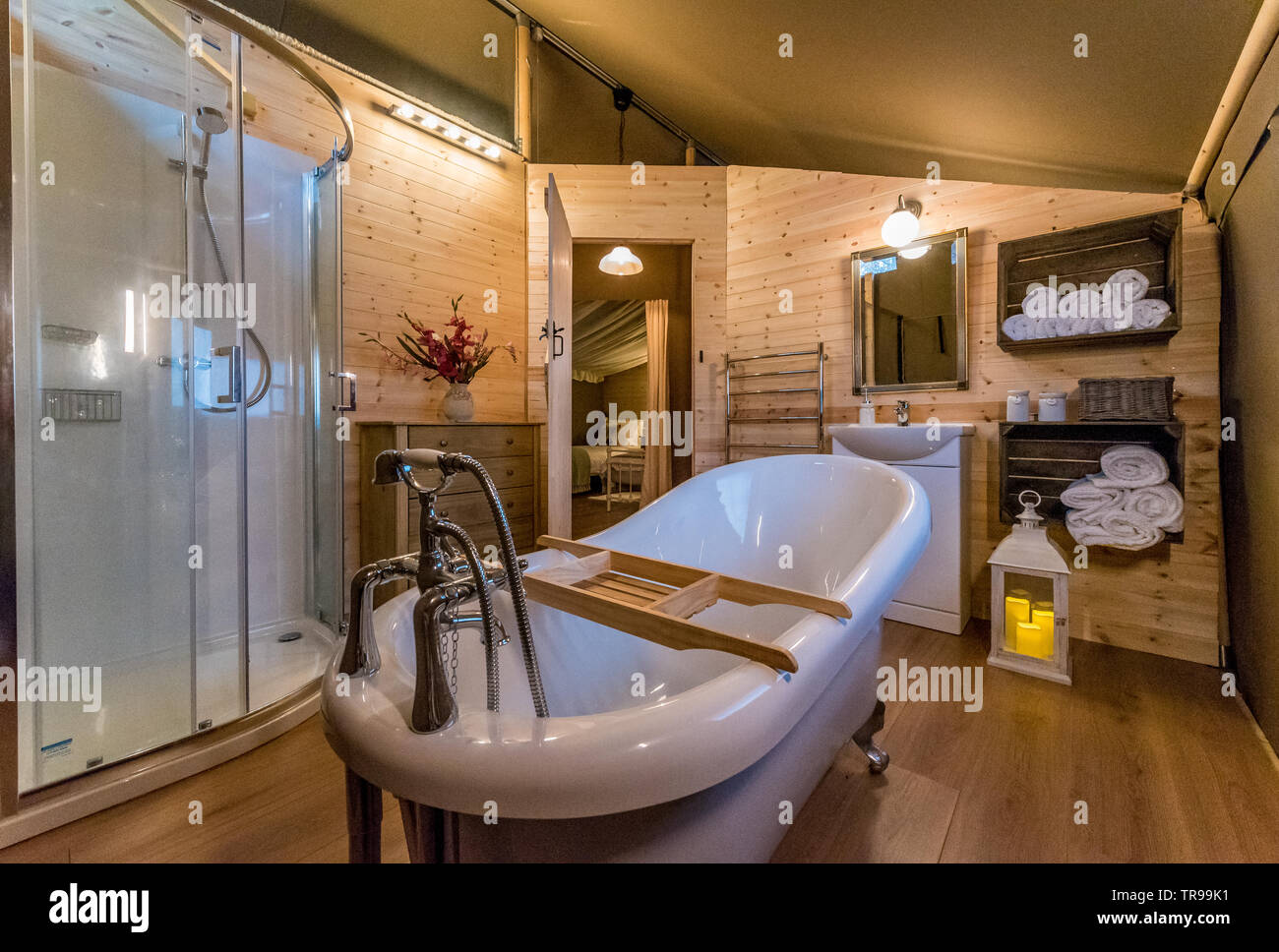 A luxury bathroom in a glamping tent Stock Photo
