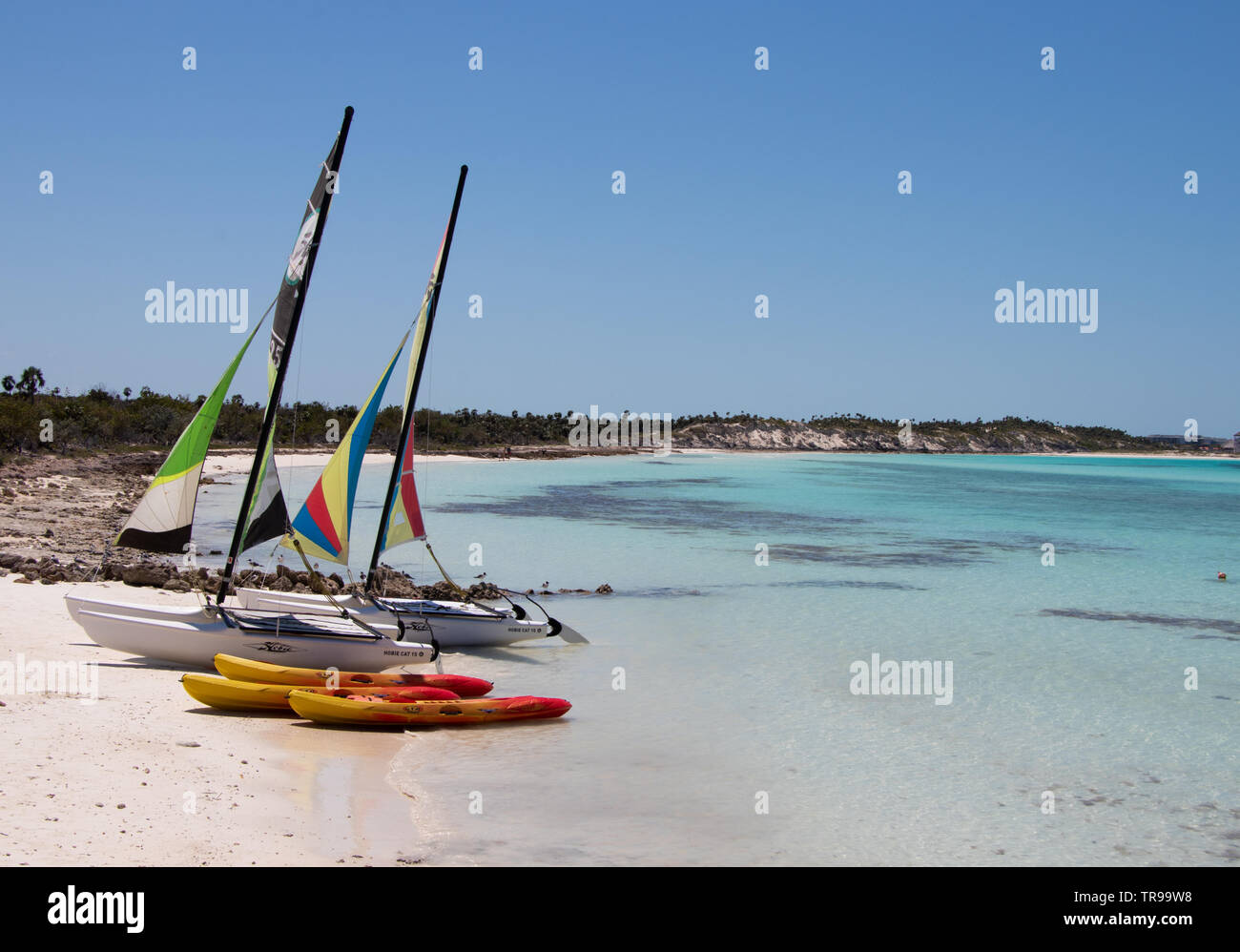 Beach and water sports equipment next to Playa Pilar, Cayo Guillermo, Cuba Stock Photo