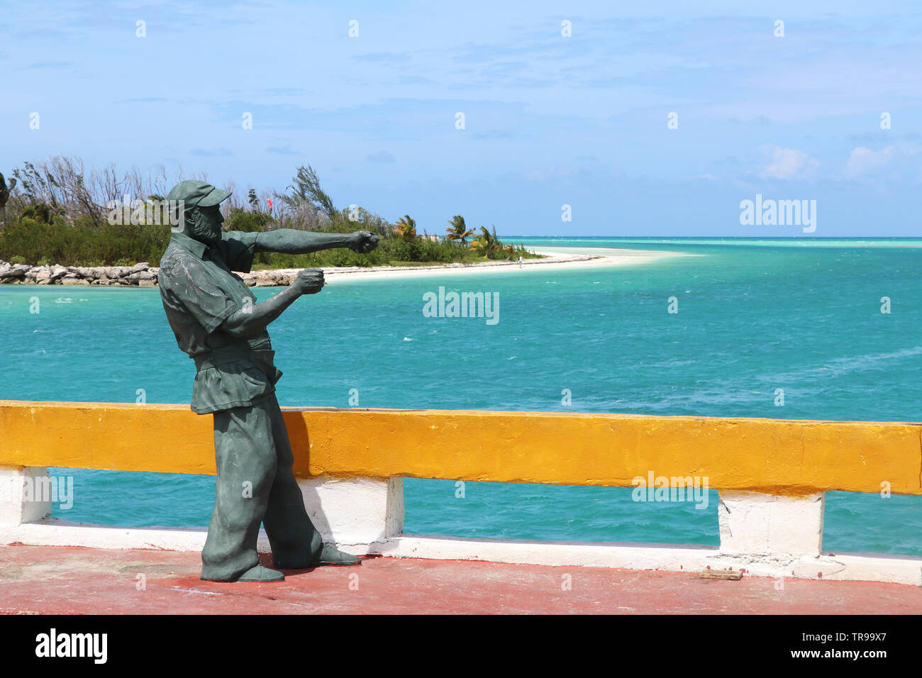 Statue of Ernest Hemingway on the bridge leading to Cayo Guillermo, next to Cayo Coco, Cuba Stock Photo