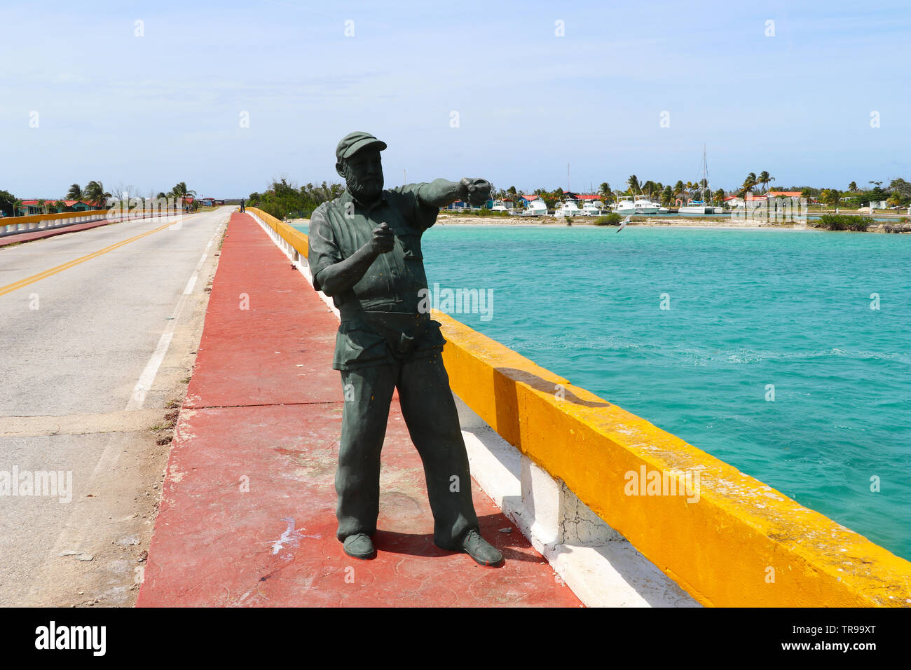 Statue of Ernest Hemingway on the bridge leading to Cayo Guillermo, next to Cayo Coco, Cuba Stock Photo