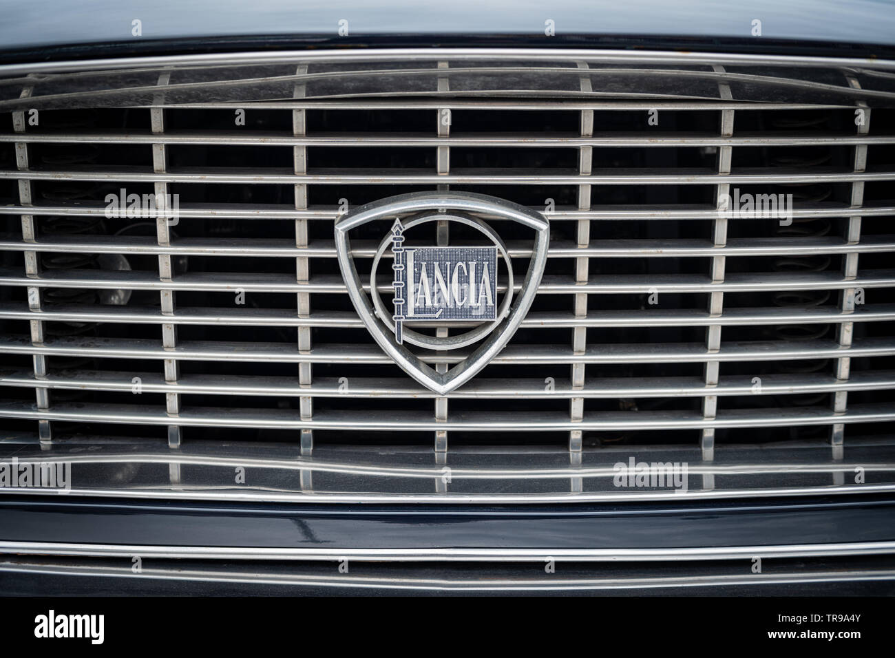 Close up detail of Lancia logo on vintage car Stock Photo