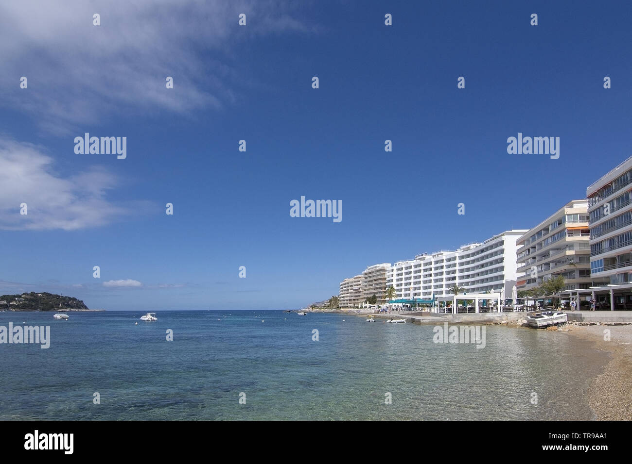 SANTA PONSA, MALLORCA, SPAIN - MAY 29, 2019: Seaside hotels and apartment buildings from the sea on May 29, 2019 in Santa Ponsa, Mallorca, Spain. Stock Photo