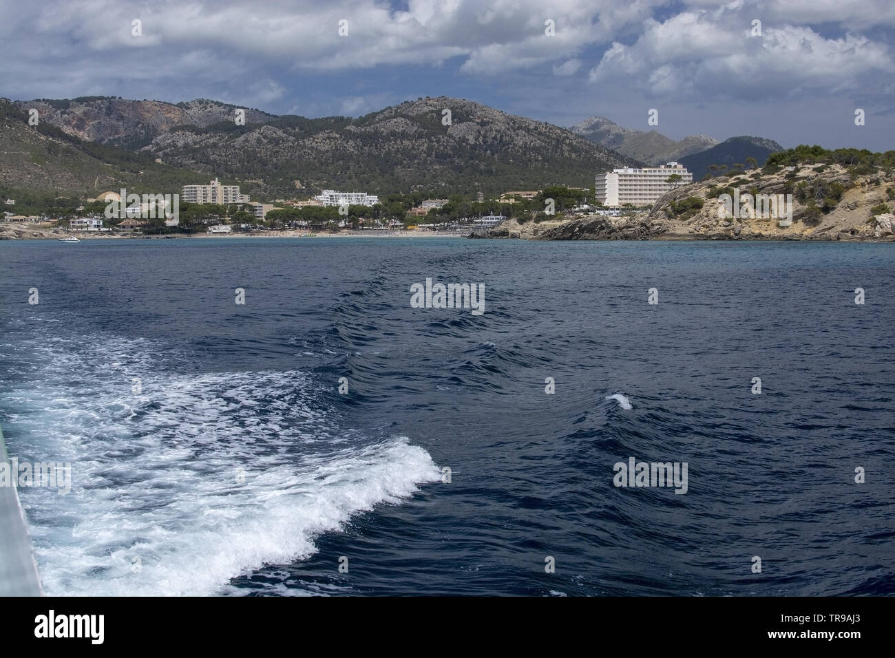 SANTA PONSA, MALLORCA, SPAIN - MAY 29, 2019: Coastal rocky landscape from sea on May 29, 2019 in Santa Ponsa, Mallorca, Spain. Stock Photo