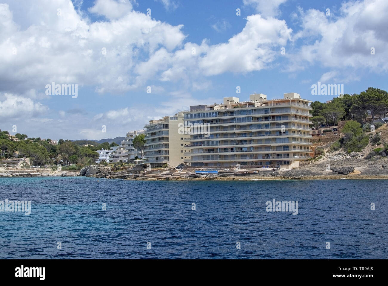 SANTA PONSA, MALLORCA, SPAIN - MAY 29, 2019: Coastal rocky landscape from sea on May 29, 2019 in Santa Ponsa, Mallorca, Spain. Stock Photo