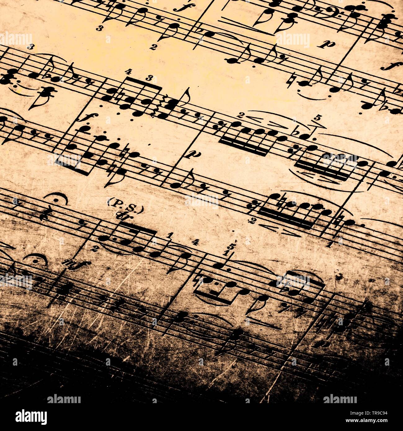 Old sheet music, combined with various textures, creates a digital
