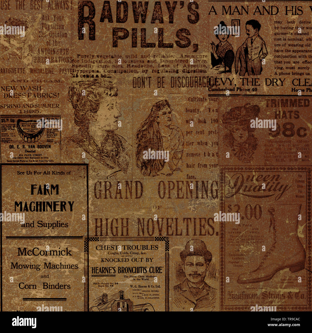 Old advertisements from public domain newspapers were collaged to