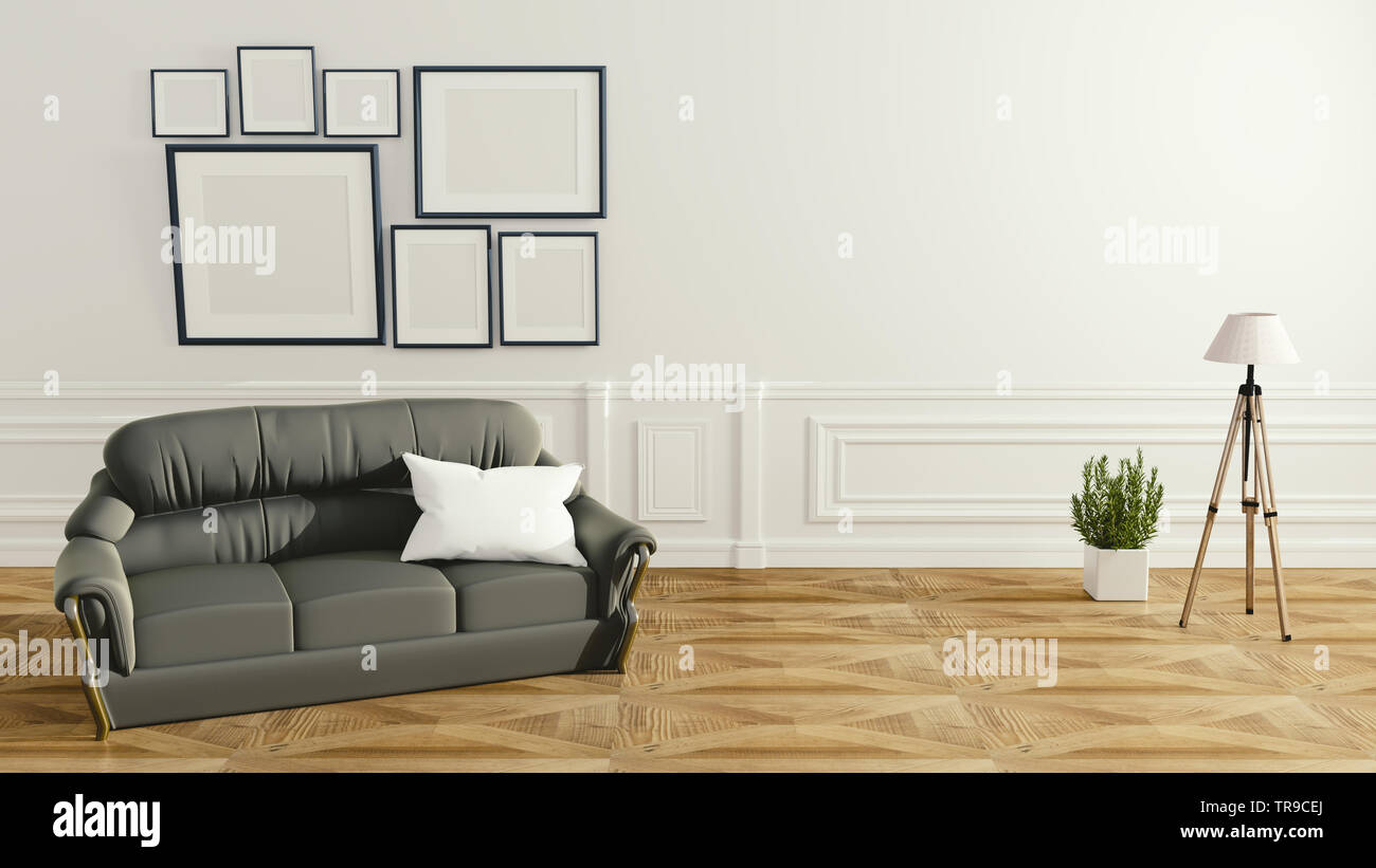 modern living room interior with sofa lamp and green plants on white ...