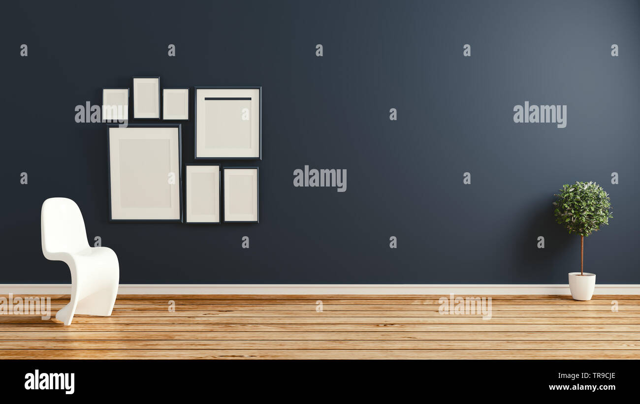 Empty Room Interior Design White Chair And Frame On Dark Wall Background 3d Rendering Stock Photo Alamy
