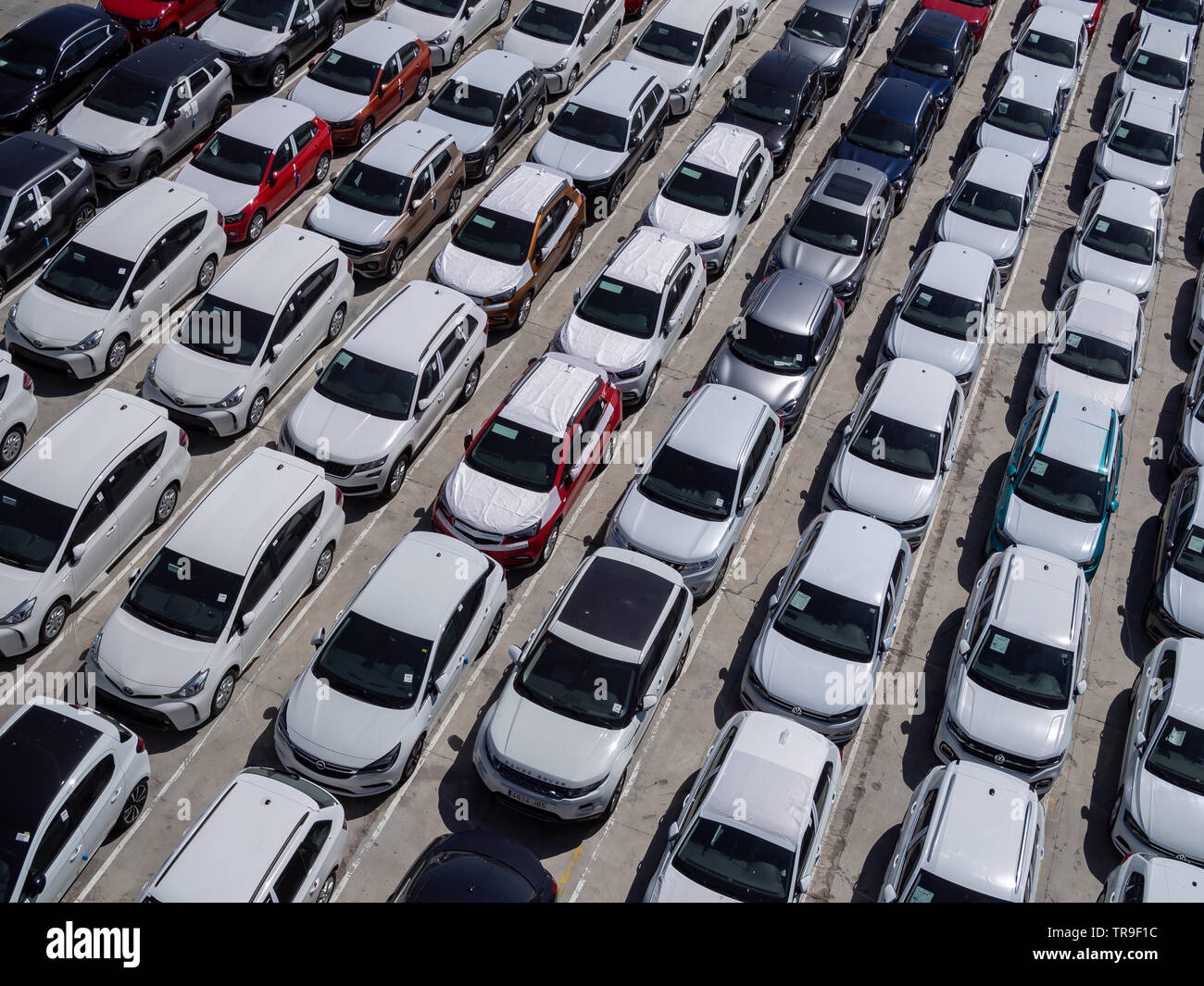 New cars parking lot, aerial view, sunny day Stock Photo - Alamy