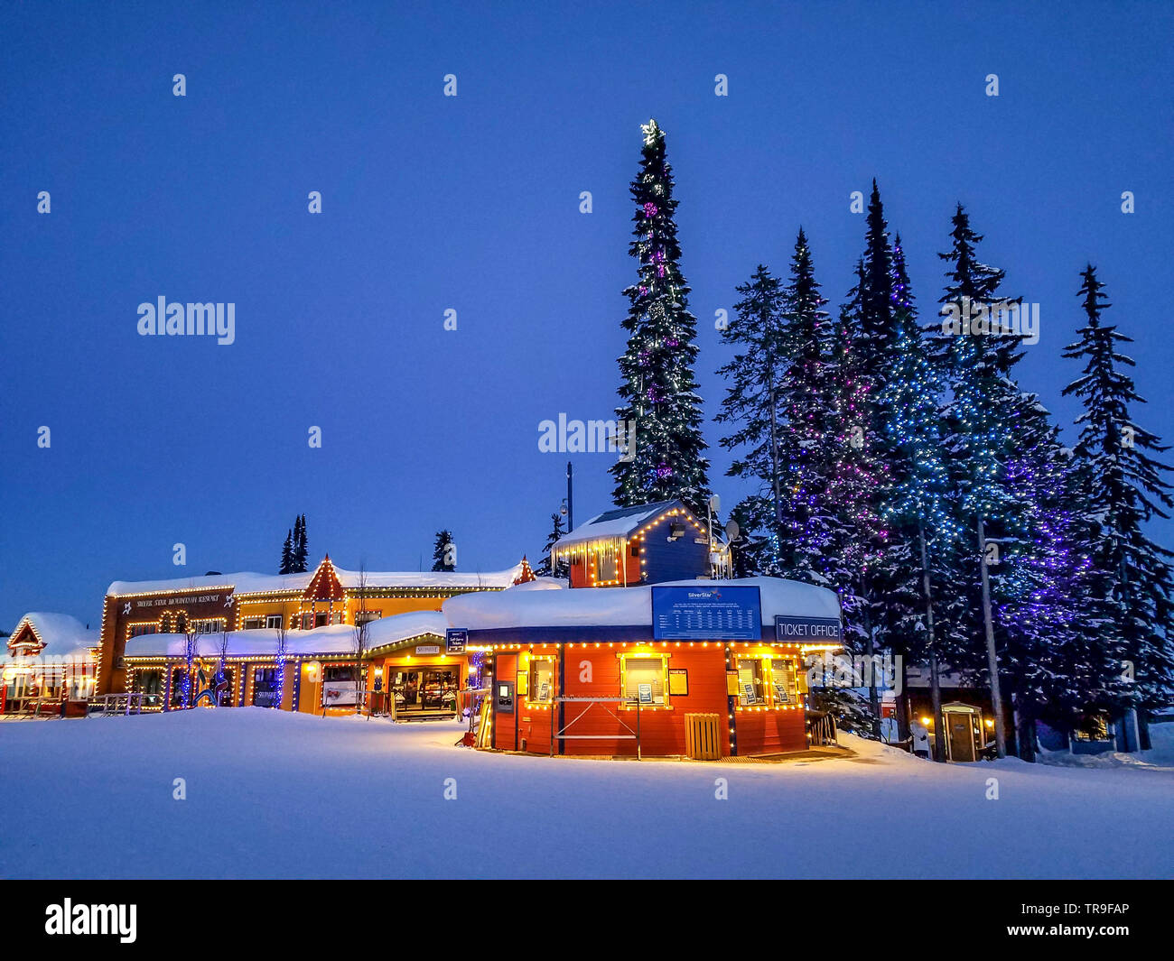 Main village of Silver Star Mountain at night in British Columbia, Canada. Stock Photo