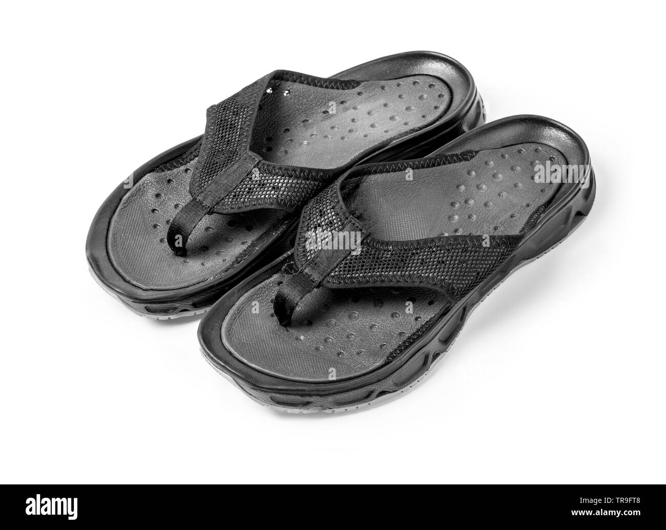 Pair of black mens flip flops isolated on white with clipping path ...
