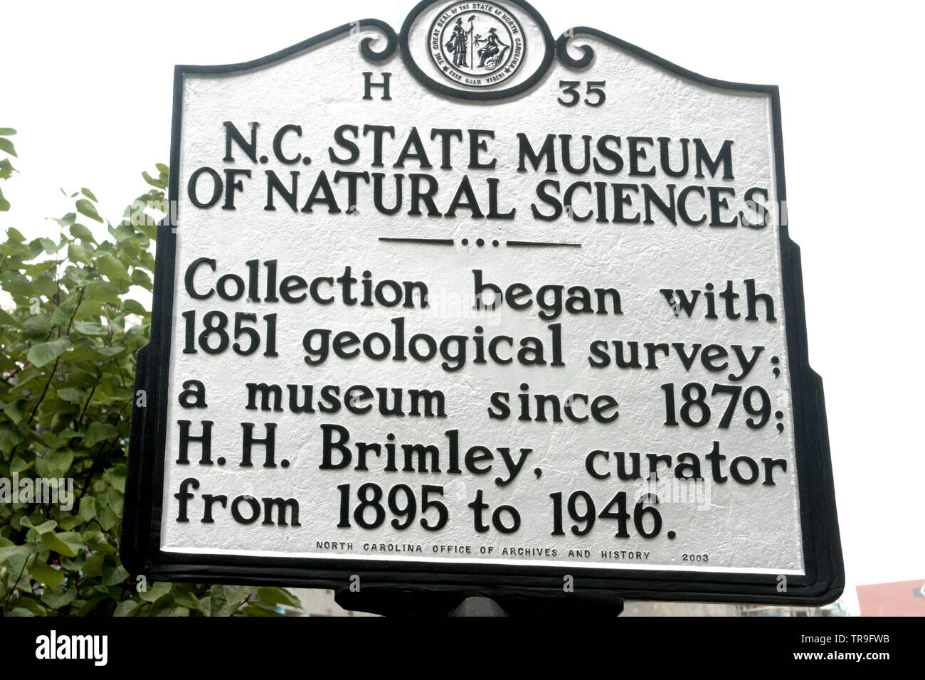 Historical marker outside the North Carolina Museum of Natural Sciences in Charlotte, NC, USA Stock Photo