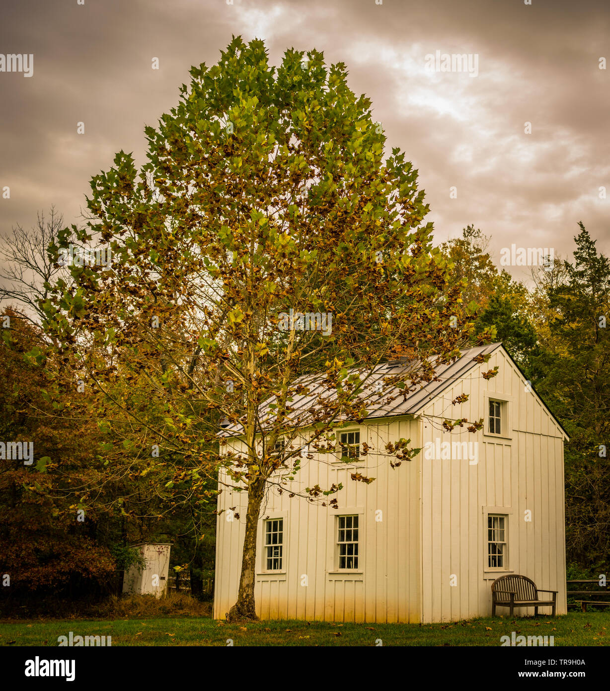White schoolhouse with tree against cloudy sky at Claude Moore Park in Sterling, Virginia, USA. Stock Photo