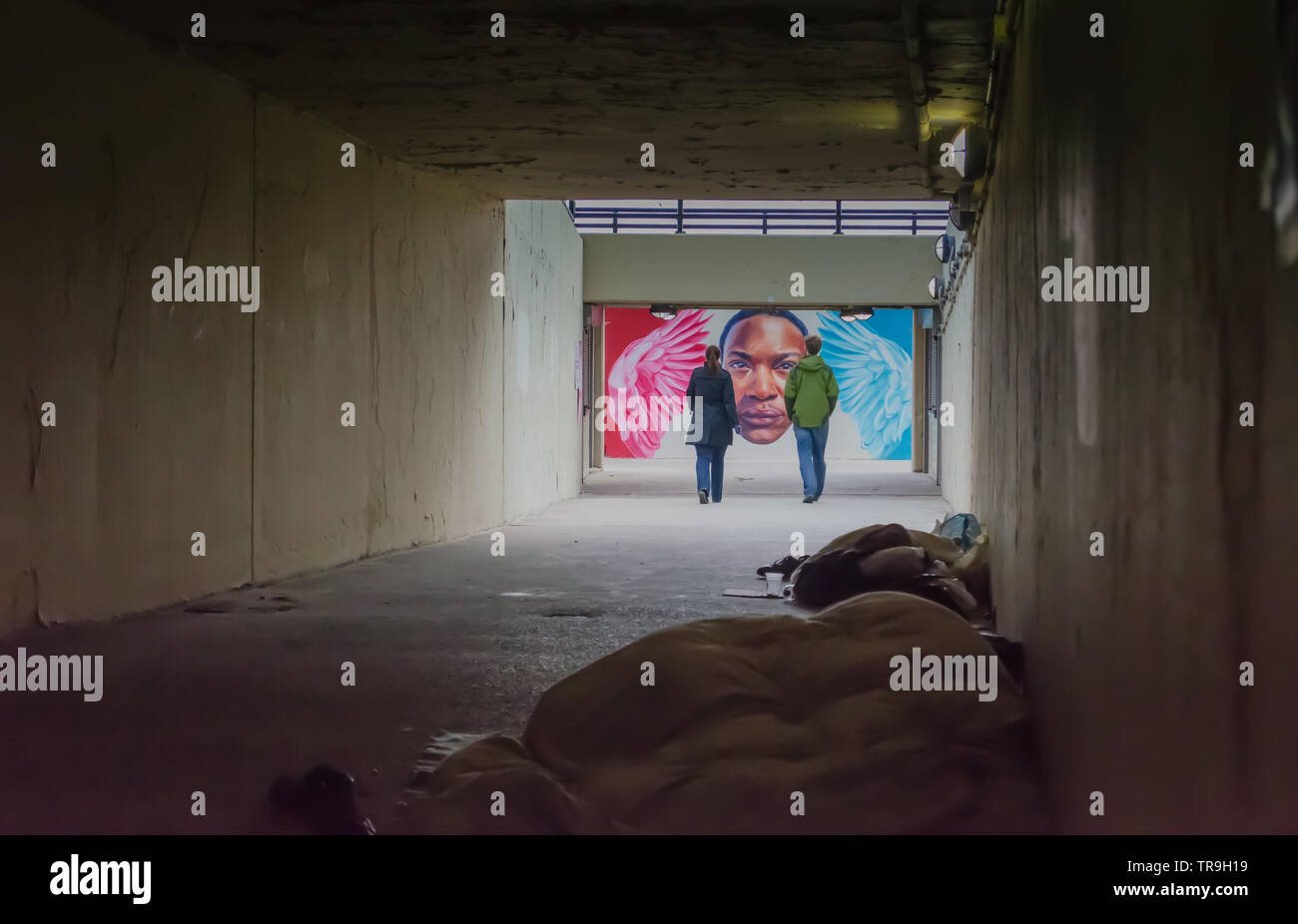 Homeless people sleeping in an underpass to Oak Street Beach in Chicago IL, USA. Stock Photo