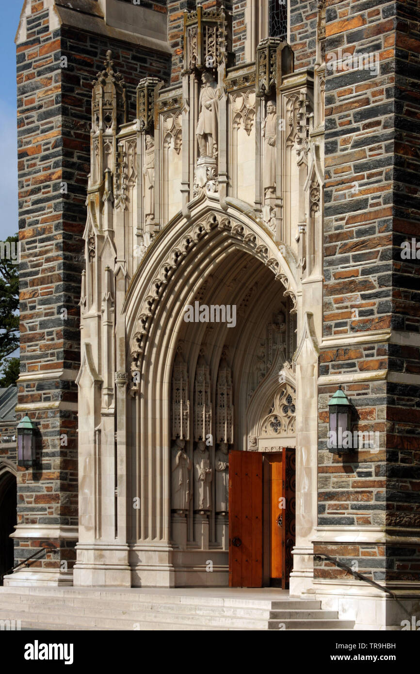 Architectural details on the imposing entrance to Duke Chapel in Durham