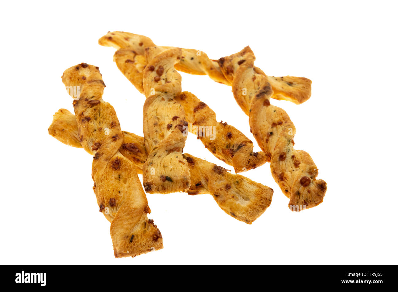 Puff pastry cheese sticks or straws - white background Stock Photo