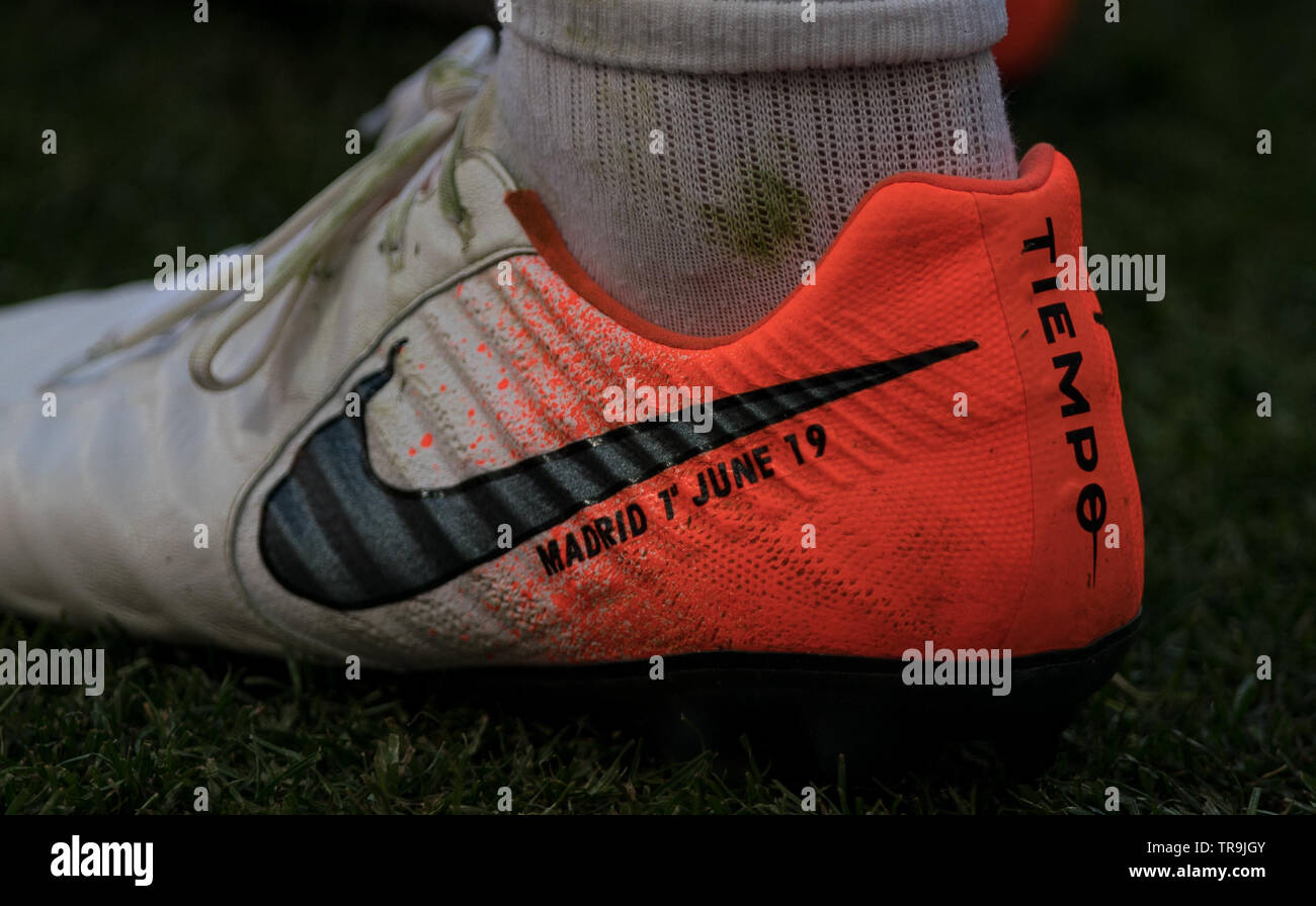 Madrid, Spain. 31st May 2019. Nike football boots of Goalkeeper Alisson  Becker of Liverpool during the Champions League FINAL Training sessions of  Totteham Hotspur & Liverpool football teams at Metropolitano Stadium  (Stadium