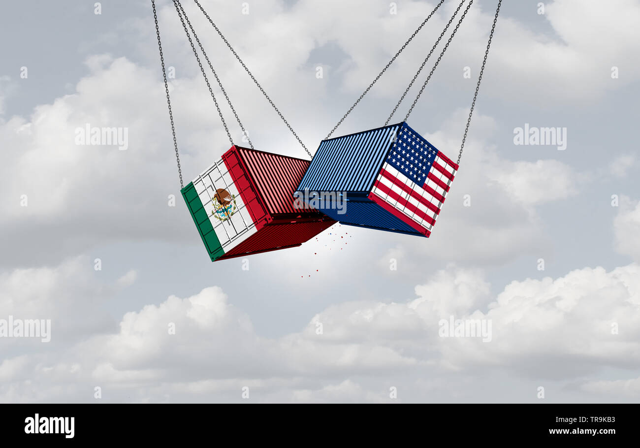 USA Mexico trade war and American tariffs as two opposing cargo freight containers in conflict as an economic dispute over import and export taxes. Stock Photo