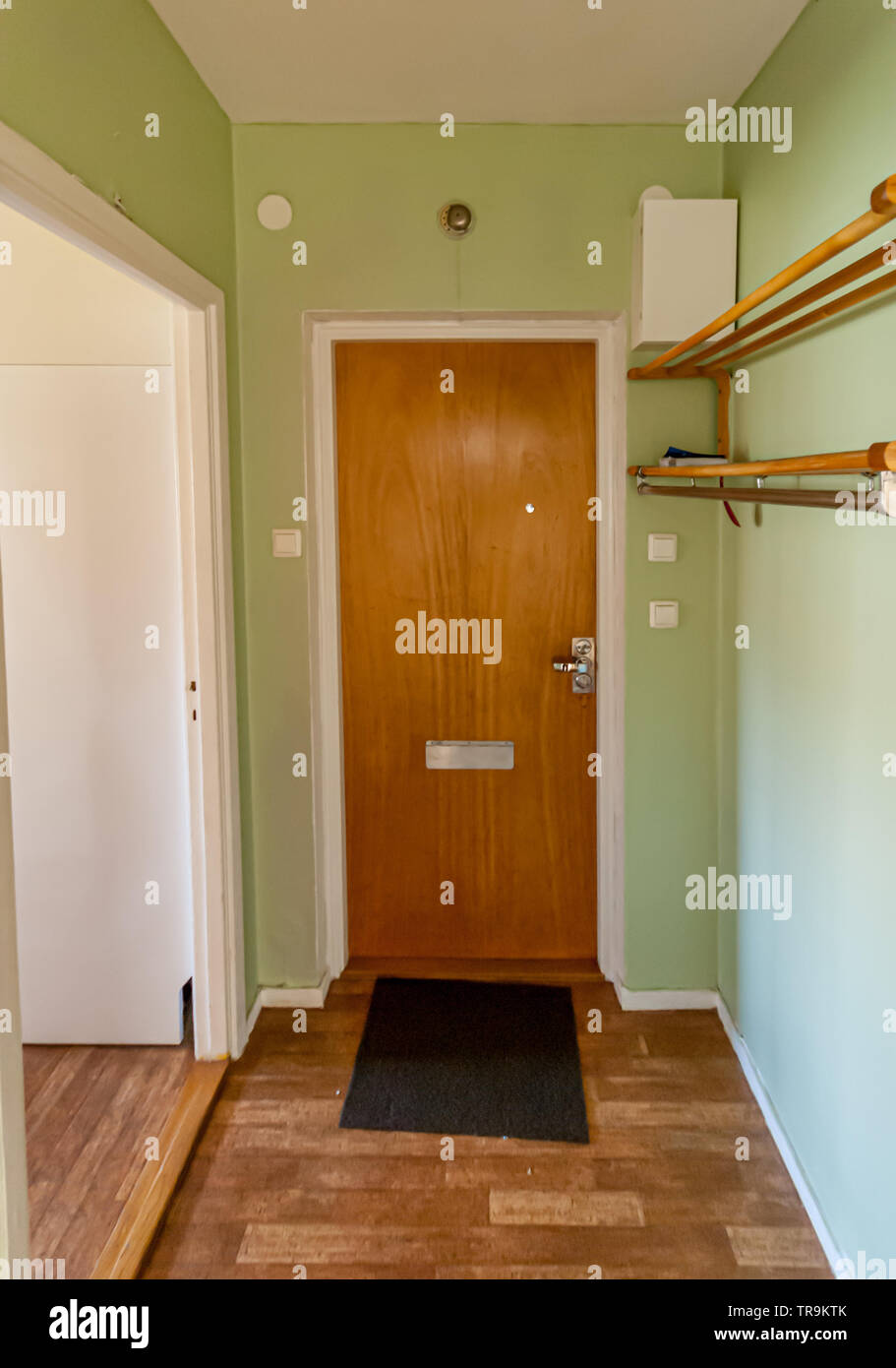 Door and hall of an apartment. Light green walls Stock Photo - Alamy