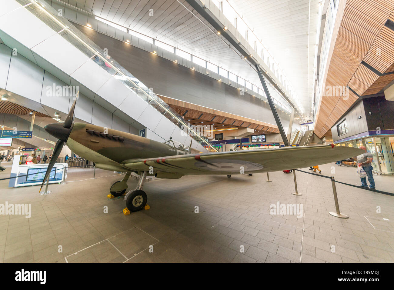 Replica Second World War Spitfire fighter plane on display inside London Bridge railway station to commemorate the 75th anniversary of D-Day Stock Photo