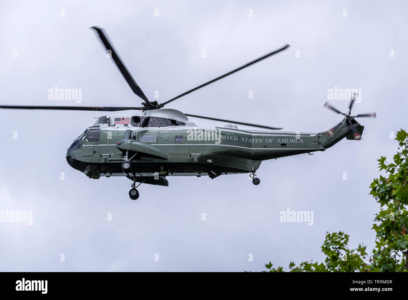 Sikorsky VH-3D Sea King VIP transport helicopter flying as part of the support for US President Donald Trump State Visit to the UK. Marine One Stock Photo
