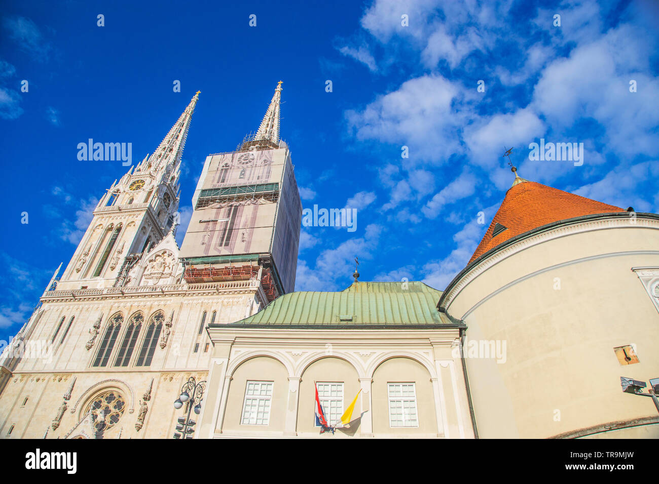 Catholic neo gothic Cathedral in city center of Zagreb, Croatia, Kaptol district towers and old defensive walls Stock Photo