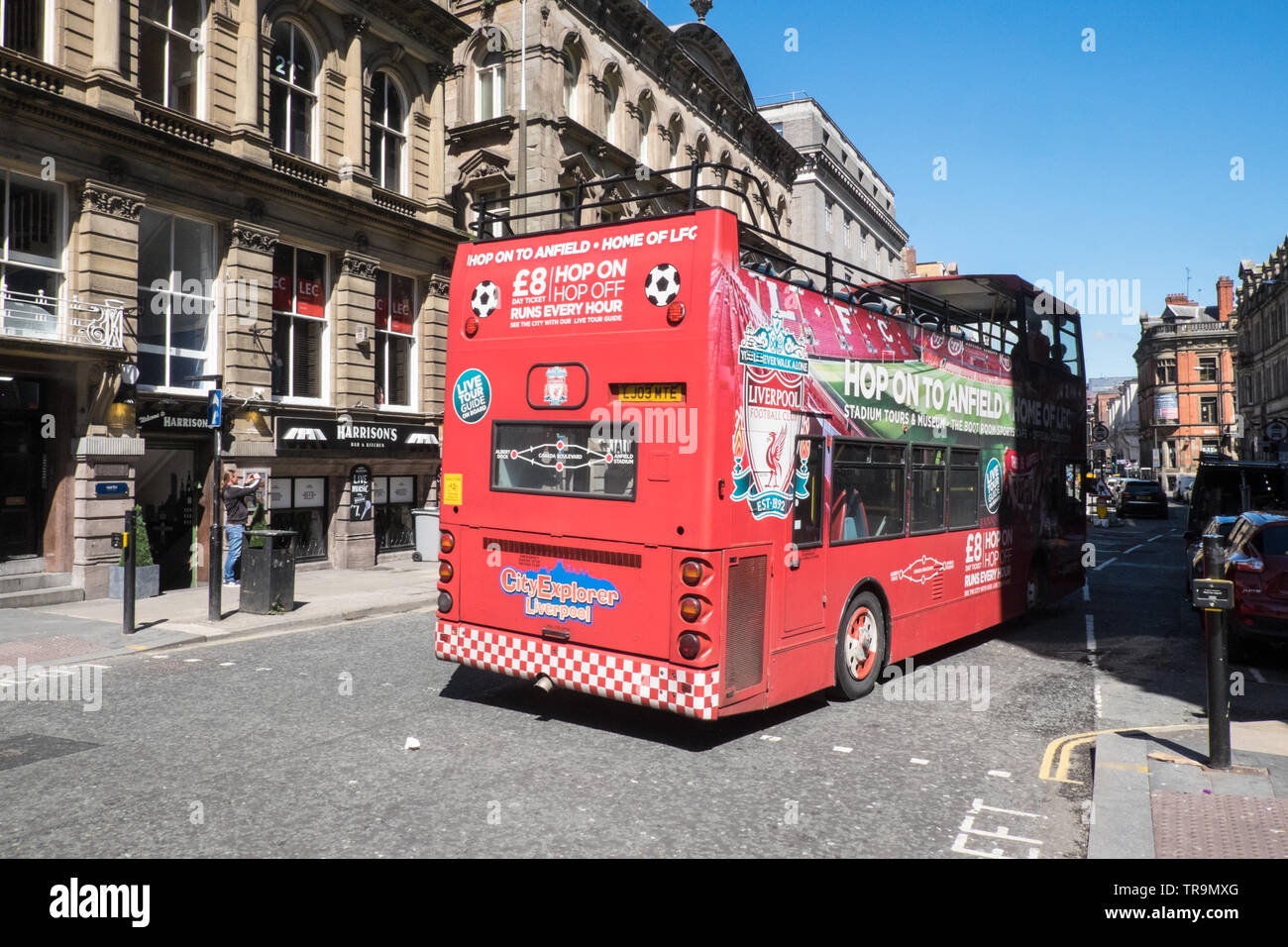 Hop on Hop off tour bus,that travels from centre of Liverpool to and from Anfield,football stadium,LFC,Liverpool Football Club,transport,for fans, Stock Photo