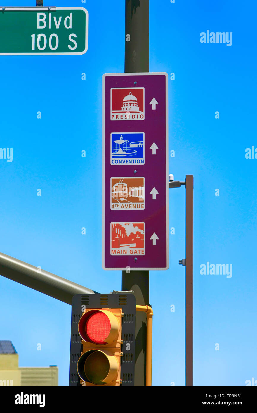 Colorful driver directions sign for landmarks in Tucson AZ Stock Photo ...