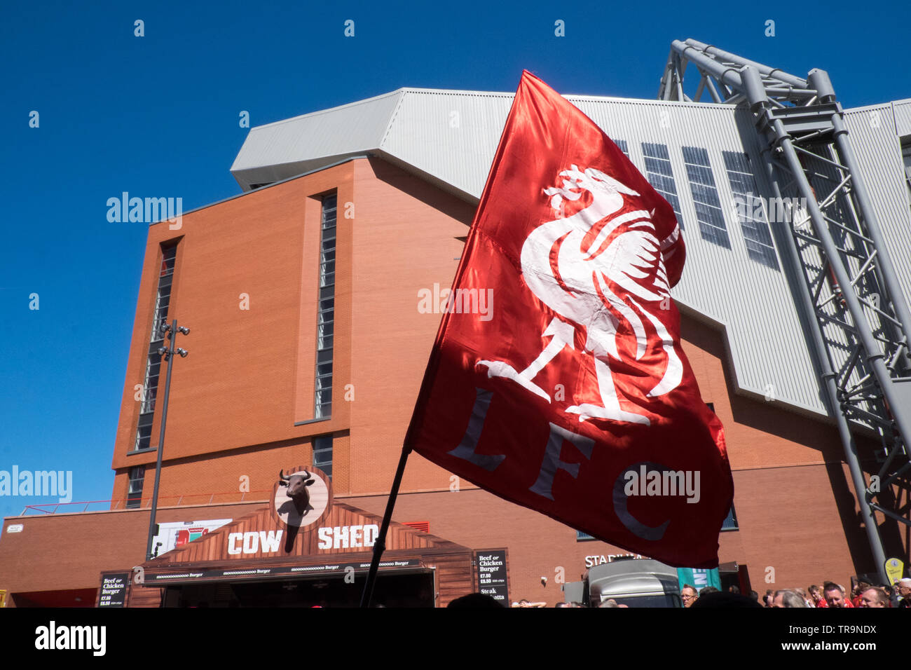 Anfield,stadium,home,ground,of,Liverpool,football,club,LFC,on,the,last,day,game,of,Premier,League,Liverpool,Merseyside,England,GB,Britain,British,UK Stock Photo