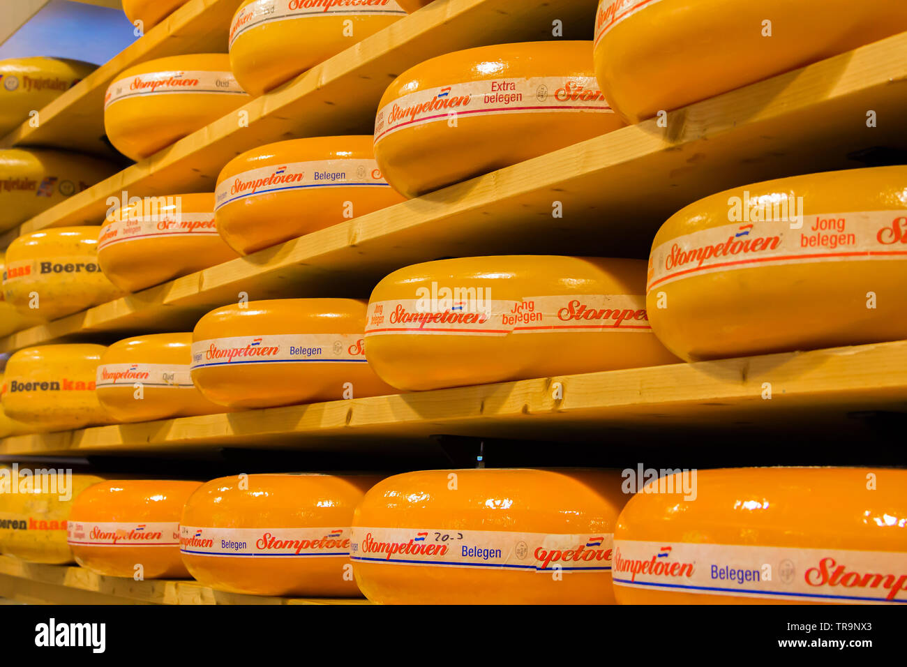 April 23, 2019 Gouda, Netherlands. Famous local farmer cheese shop ''t Kaaswinkeltje' The view of shop assortment. Stock Photo