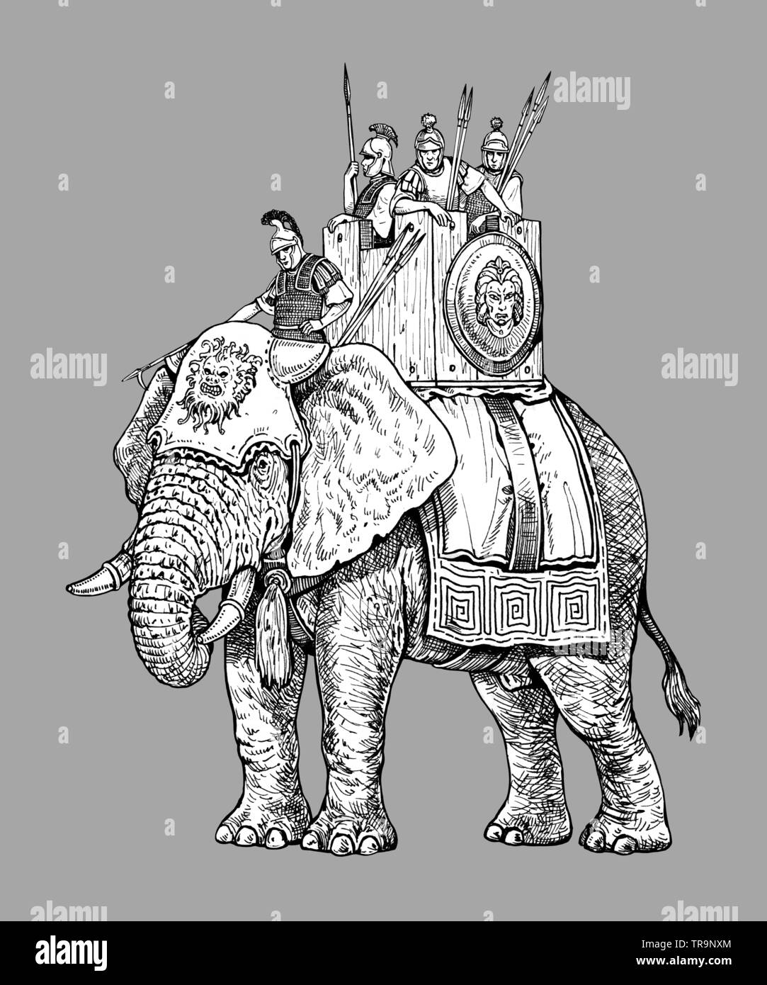 War elephant illustration, army of Carthage. Historical drawing. Stock Photo