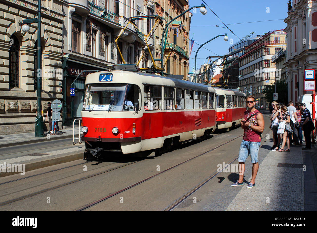 So called nostalgia tram, Tatra T3, on line 23 in Prague, Czech Republic Stock Photo