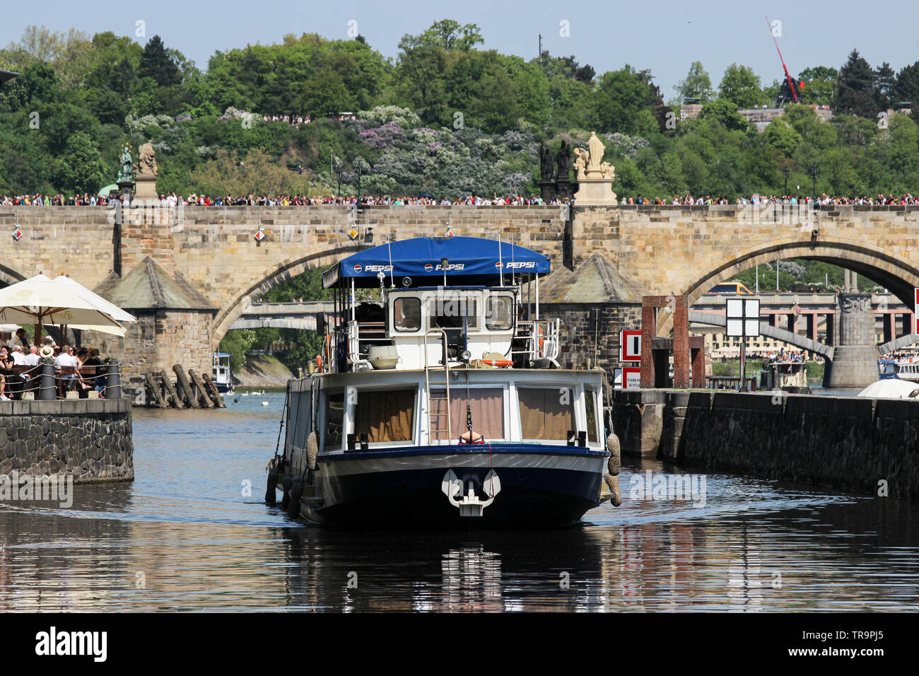 River cruise boat on Vltava in Prague, Czech Republic Stock Photo