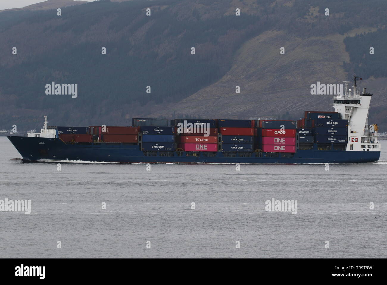 The container vessel MV Lisa, passing Gourock on the Firth of Clyde. Stock Photo