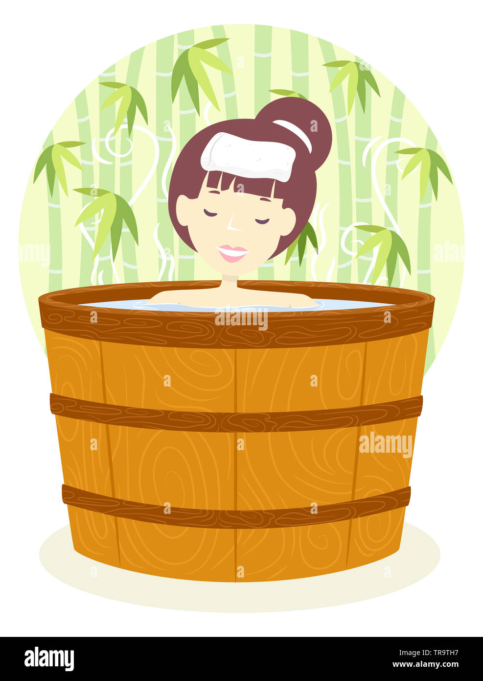 Illustration of a Girl Bathing in a Barrel in an Onsen Bath Outdoor