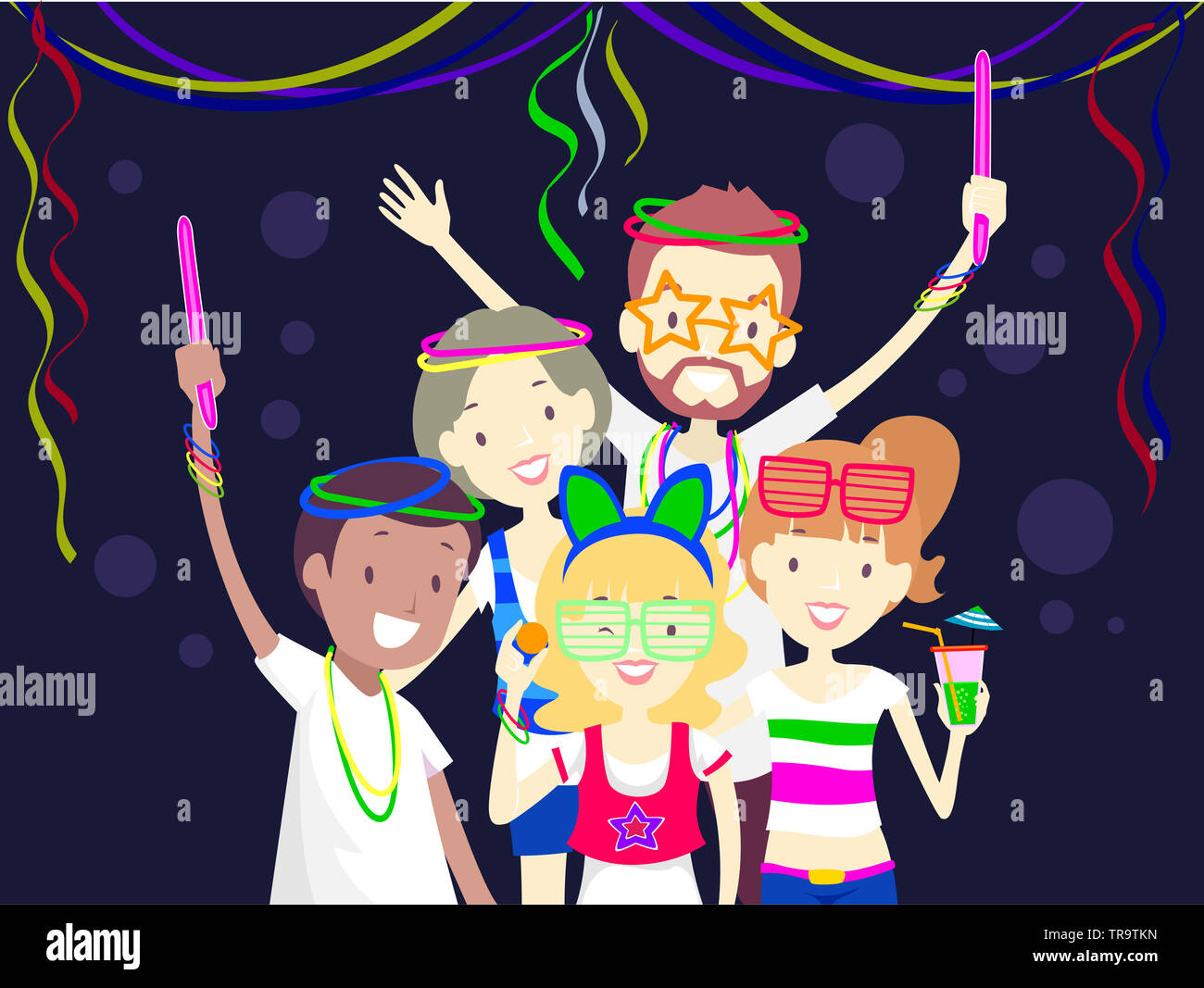 Illustration of Man and Woman In a Glow in the Dark Party, Wearing Accessories and Holding Glow Sticks Stock Photo