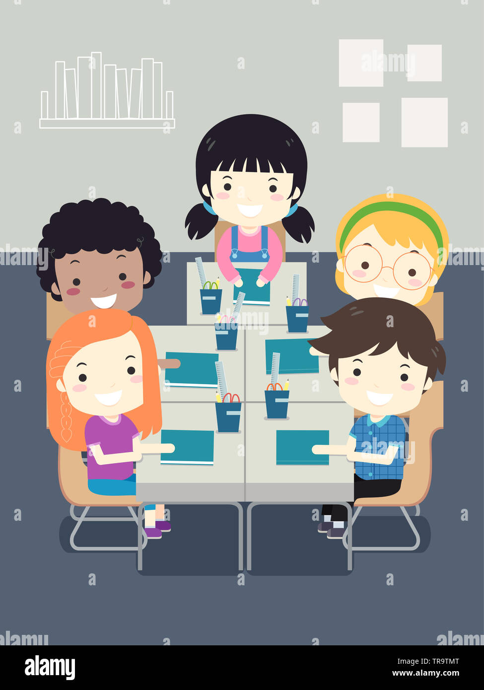 Illustration of Kids Sitting in Desks Arranged Together in the