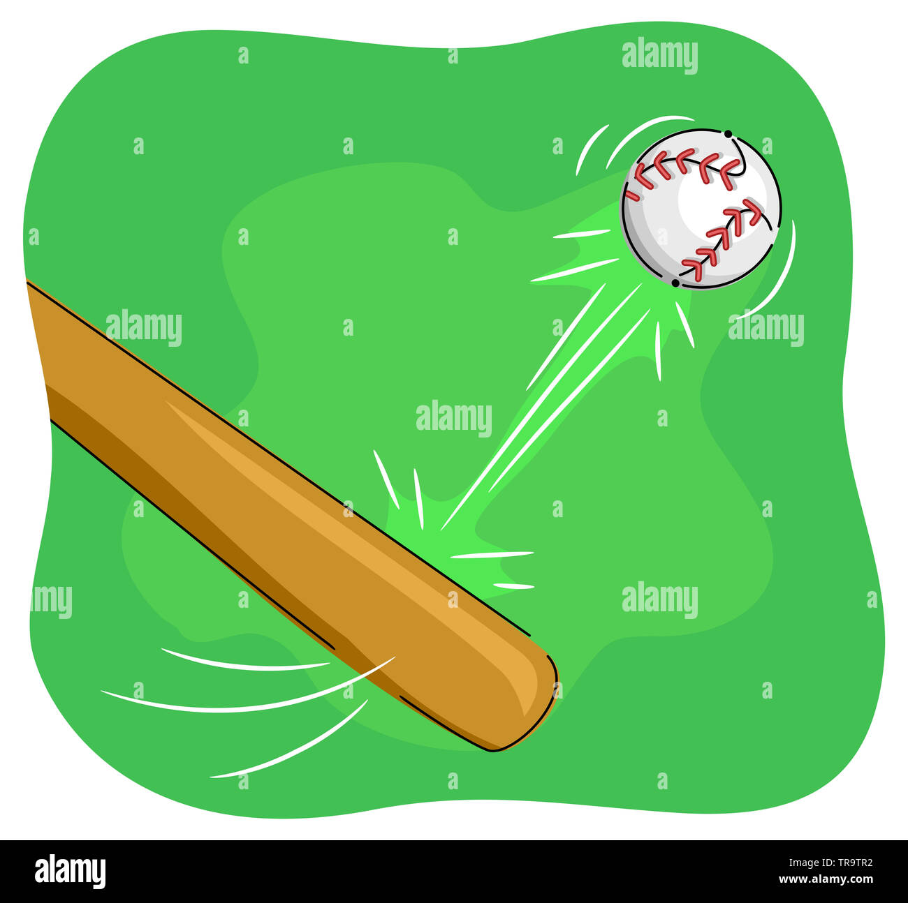 Illustration of a Baseball Bat Hitting a Ball Out in the Field Stock