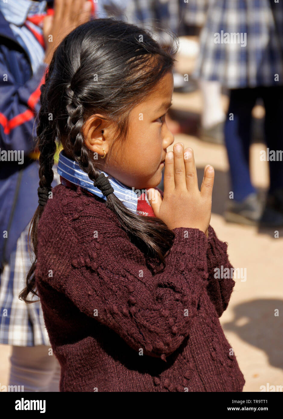 Portrait of young girl in school uniform at Samata Bamboo School, Bhaktapur, Kathmandu Valley, Nepal Stock Photo