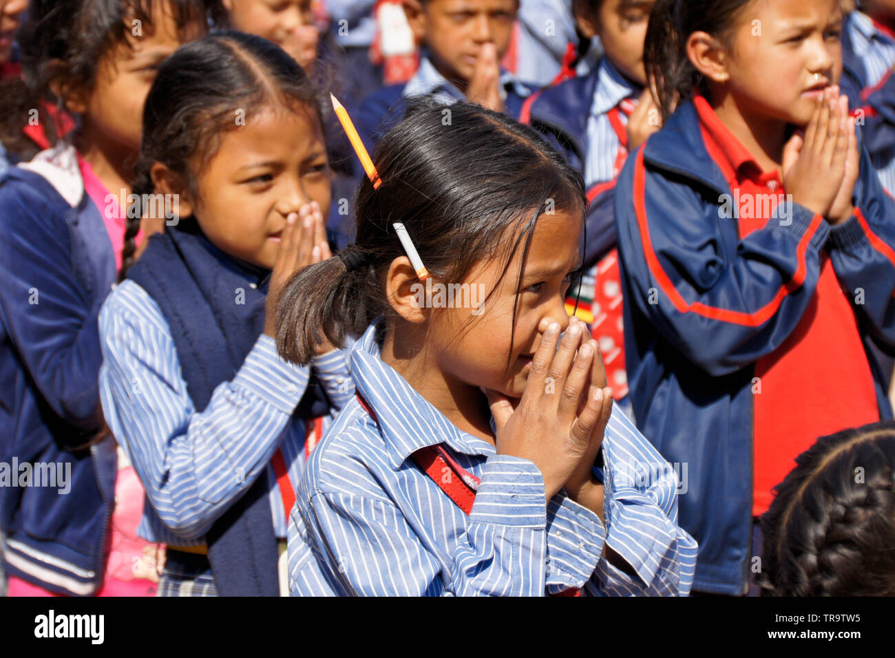 Group of young students in school uniform at Samata Bamboo School, Bhaktapur, Kathmandu Valley, Nepal Stock Photo