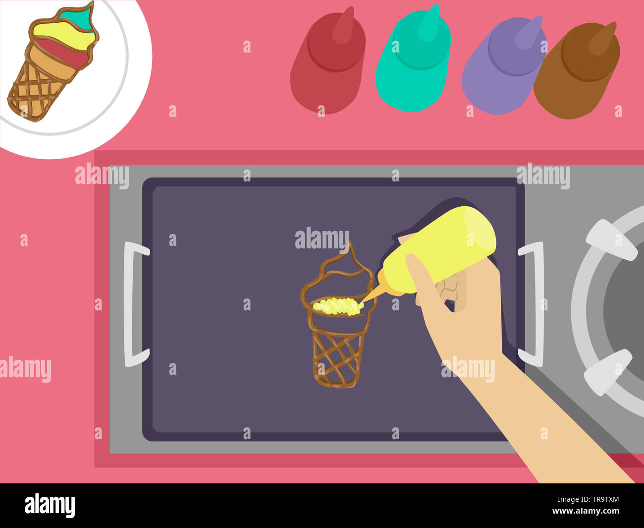 Illustration of a Hand Holding a Squeeze Bottle with Batter Making an Ice Cream Pancake Art Stock Photo
